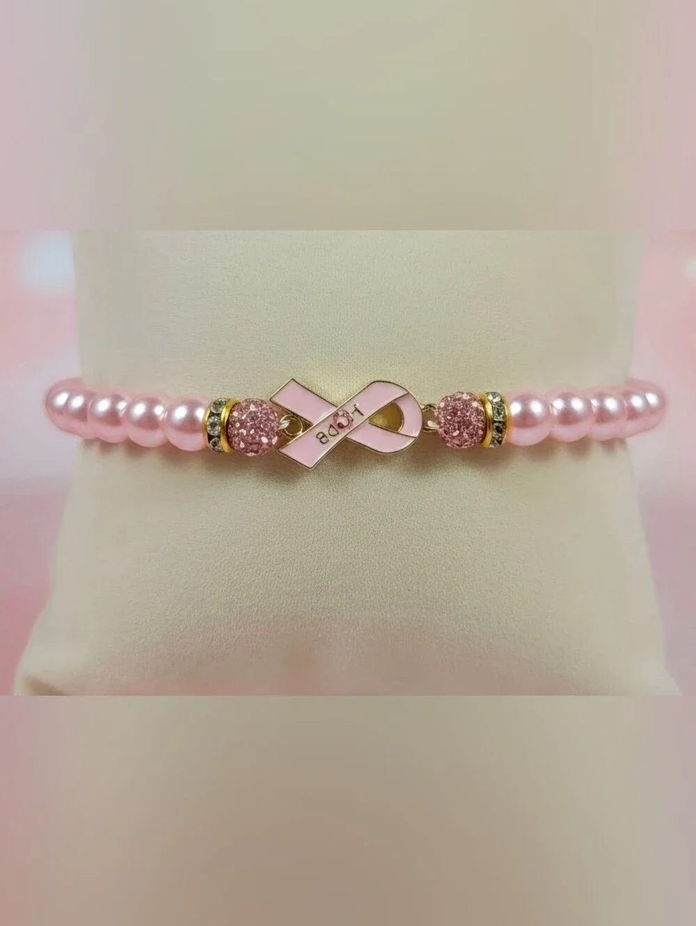 Pink Awareness Pearl Stretch Bracelet with Ribbon Charm